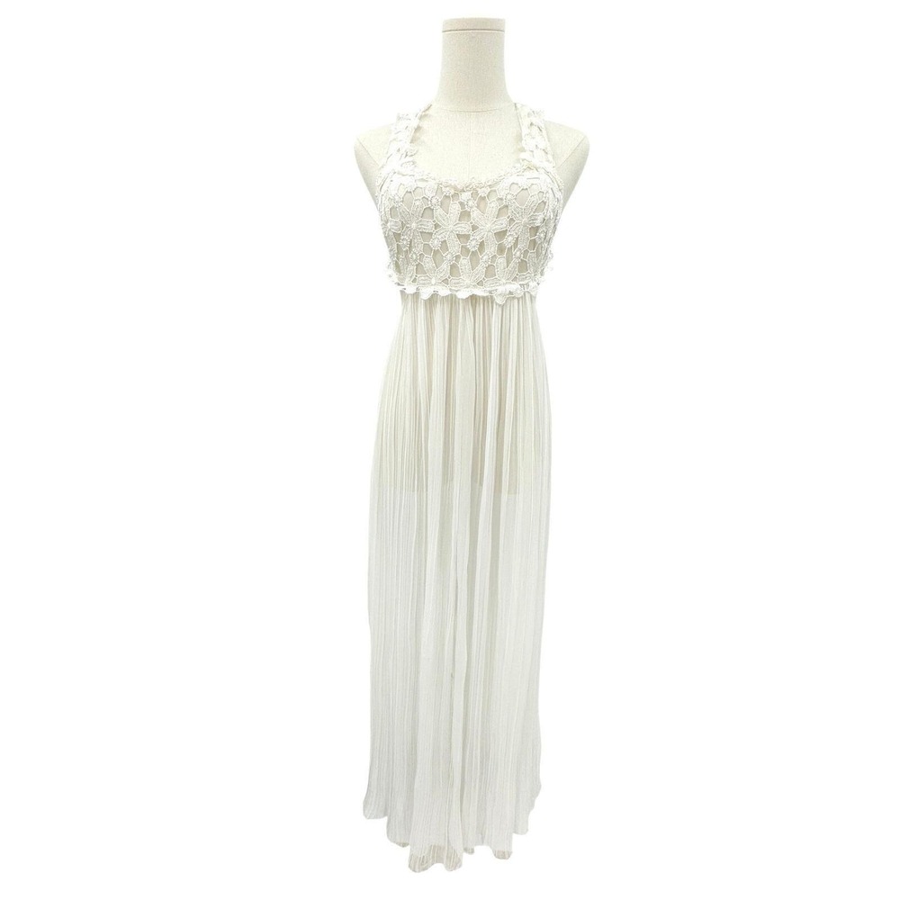 VTG Ivory Crochet Lace Halter Nightgown XS Pleated Chiffon Bridal Fairy Coquette